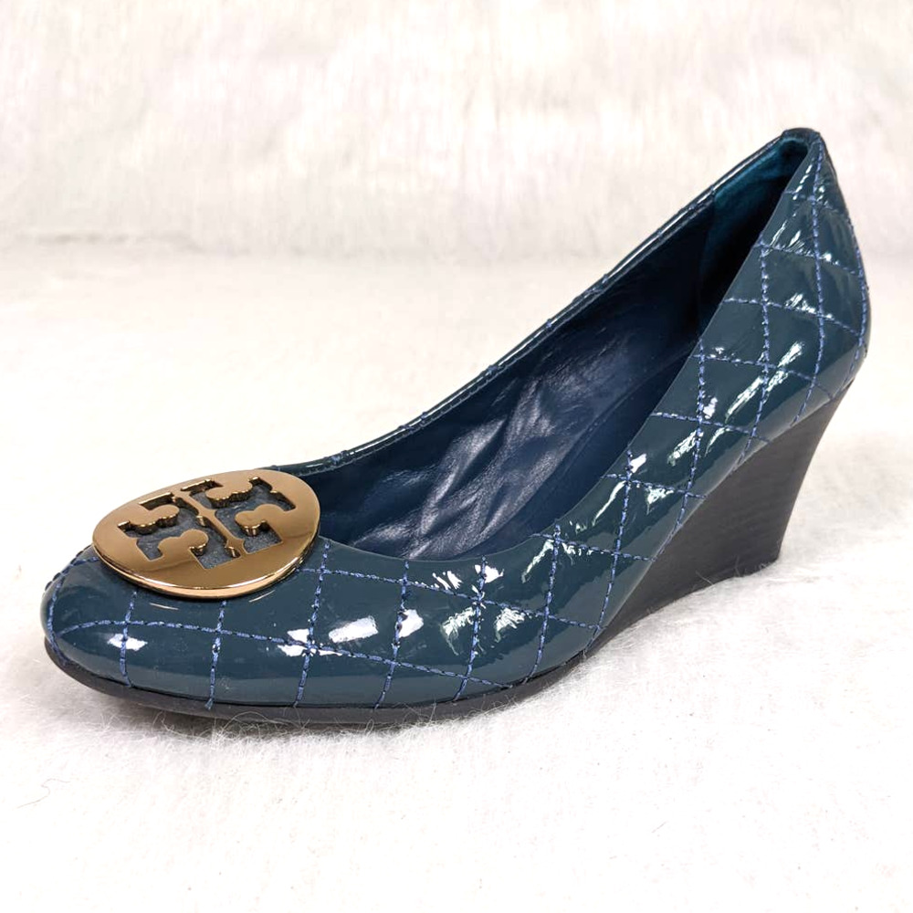 Tory Burch Blue Patent Leather Quilted Wedge Slip On Heels size 7.5